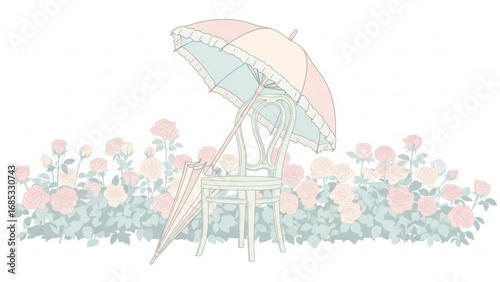 Pastel parasol rests on a vintage chair surrounded by blooming roses in a serene garden, evoking a sense of tranquility and gentle beauty.