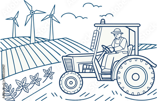 Farmer driving tractor with wind turbines in field vector
