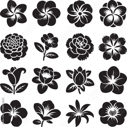 Collection of black and white floral silhouette icons with detailed petals Keywords: flower