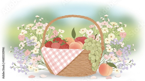 Wicker basket filled with fresh fruits sits among wildflowers in a serene garden setting, evoking a sense of summer picnic bliss.