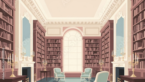 Elegant library interior showcasing bookshelves filled with books and comfortable seating creating a sense of classic knowledge and refined taste.