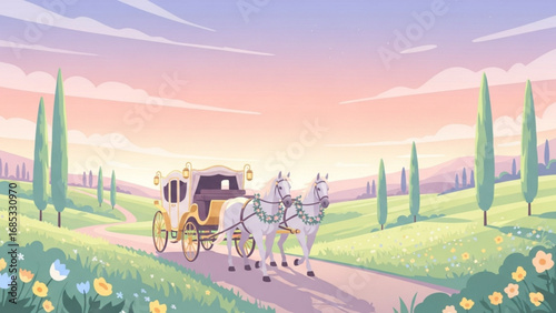Elegant carriage pulled by two white horses travels down a scenic country road at sunset, evoking a sense of fairytale romance and peaceful journey.