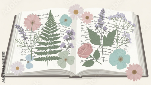 Open book displays pressed flowers and ferns, creating a vintage botanical journal aesthetic with delicate pastel colors and a nostalgic, romantic mood.