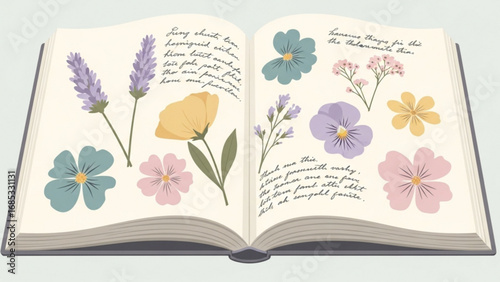Open botanical journal displays pressed flowers and handwritten notes on creamy pages, evoking a sense of vintage charm and artistic exploration.