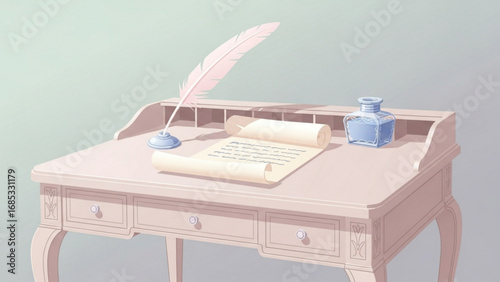 Elegant writing desk displays a quill, inkwell, and parchment scroll in a softly lit, vintageinspired study, evoking a sense of nostalgia and timeless creativity.