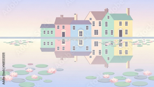Pastel houses reflect in calm water with lily pads under a soft, dreamy sky, creating a serene and peaceful atmosphere.