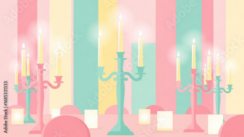 Elegant candelabras illuminate a pastel striped room, creating a soft, romantic ambiance with glowing candles and gentle light, perfect for a celebration.