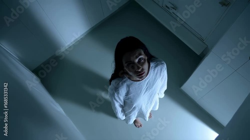 A frightened woman in a white gown looks up from the corner of a sterile room, a high-angle view creating a concept of horror, paranoia, claustrophobia, and mental illness