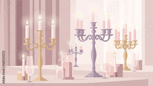 Elegant candelabras with lit candles sit on a table in a softly lit room, creating a romantic and sophisticated atmosphere for a special occasion.