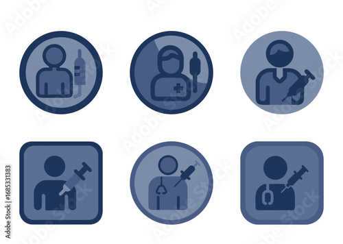 Blue Medical Icon Set Featuring Doctors, Nurses and Syringes Representing Vaccination