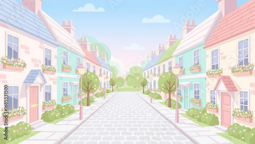 Pastel houses line a quiet street in a peaceful neighborhood with blooming flowers and lush greenery, creating a serene and charming scene.