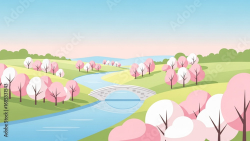 Picturesque landscape featuring a winding river flowing under a stone bridge, surrounded by blooming cherry trees in a serene, idyllic scene.
