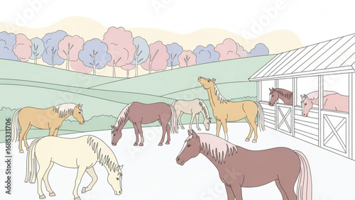 Horses graze peacefully in a rural pasture near a stable, enjoying the fresh air and sunshine on a calm, idyllic day.