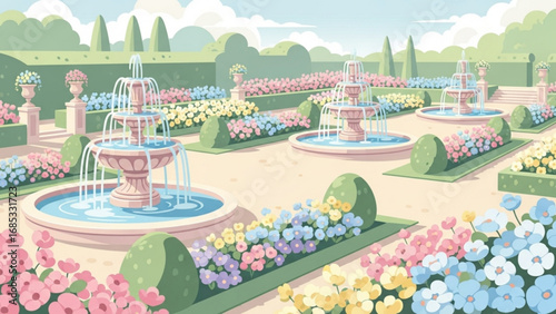 Pastel garden featuring tiered fountains surrounded by colorful flowers and manicured hedges in a serene, whimsical style.