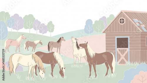 Horses graze peacefully in a lush meadow near a rustic barn, enjoying the tranquility of a serene countryside scene.