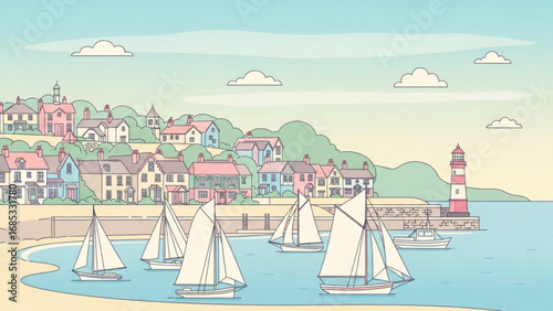 Sailboats glide gently across the calm sea near a coastal town with a lighthouse on a bright, sunny day, evoking a sense of peace and tranquility.