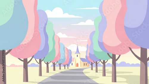 Pastel colored trees line a road leading to a quaint church under a serene sky, creating a peaceful and idyllic scene.