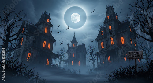 Spooky halloween scene with haunted houses, full moon, and bats