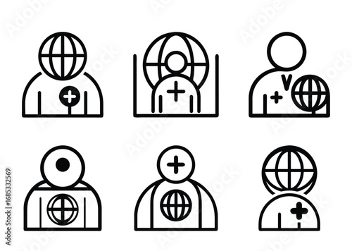 Diverse global health worker symbols in black and white line art style