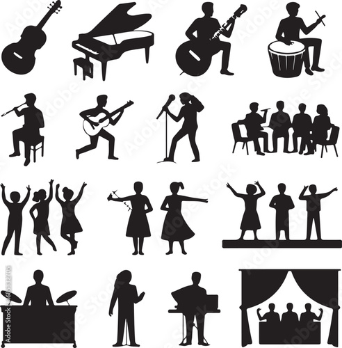 Silhouettes of musicians playing instruments and performing on stage Keywords: music, musician