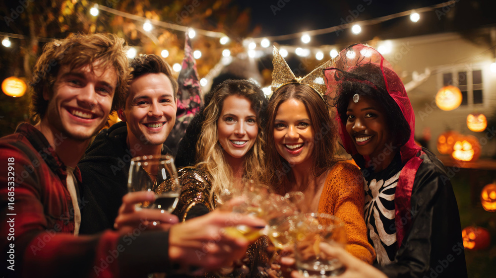 Fototapeta premium Young adults in Halloween costumes clinking glasses at festive house party with pumpkins and lights