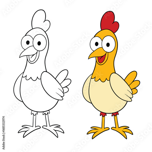A hilarious cartoon chicken stands out with big eyes and silly expressions, perfect for kids to color and enjoy a fun, playful farmyard adventure.
