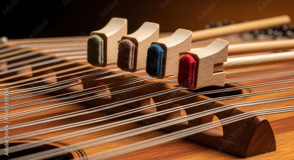 Naklejka premium Detailed View of a Traditional Hammered Dulcimer with Colorful Felt Mallets Resting on its Strings, Highlighting Musical