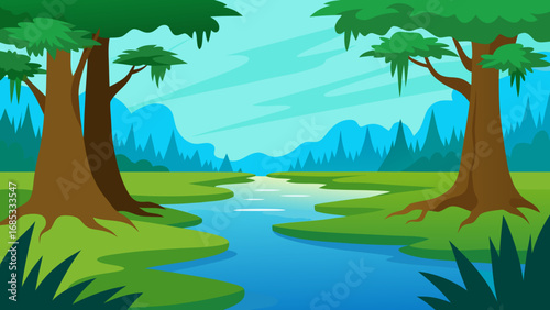 Misty Louisiana Bayou Vector Illustration Southern Wetlands Background