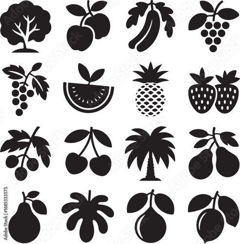 Assorted Fruit Silhouettes Including Pineapple Strawberry Grapes And Pear tree banana
