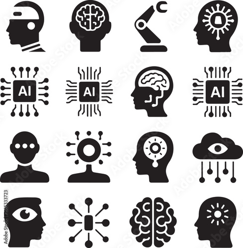 Artificial intelligence and human head silhouette icons Keywords: AI, artificial intelligence