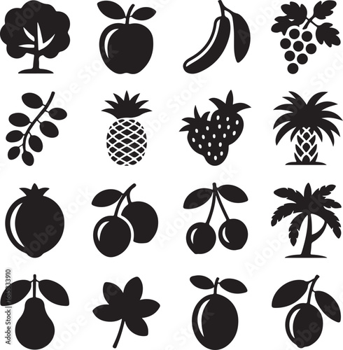 Assorted fruit and tree silhouette icons Keywords: fruit, apple, banana, grapes, pineapple