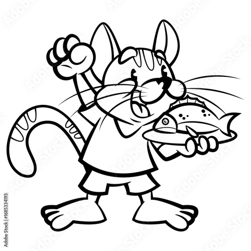 A happy and excited cartoon cat eagerly awaits a delicious fish on its plate. Perfect for outlines, logos, and coloring books with a food or animal theme