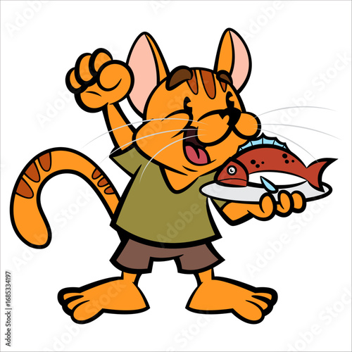 A happy and excited cartoon cat eagerly awaits a delicious fish on its plate. Perfect for stickers, logos, and mascots with a food or animal theme