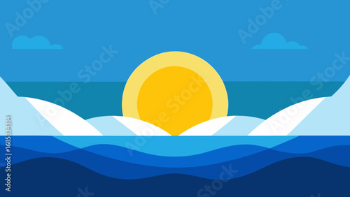 Beautiful Midnight Sun in Arctic Nature Vector Illustration Perpetual Daylight