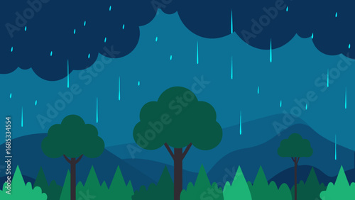 Exotic Monsoon Forest During Rain Nature Vector Illustration Damp Jungle Scene