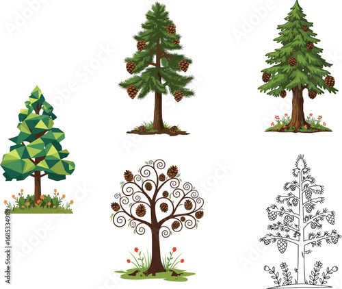 Pine tree and cone vector set, evergreen trees illustration, forest botanical clipart, stylized conifer designs, nature tree icons, woodland foliage