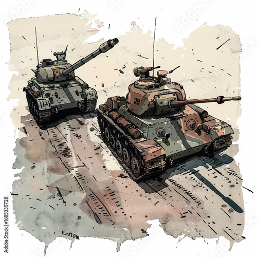 illustration, vector, tank, military, army, war, gun, vehicle, battle, weapon, armored, cannon, isolated, heavy, green, armed, armor, machine, turret, track, camouflage, old, power, forces, model, arm