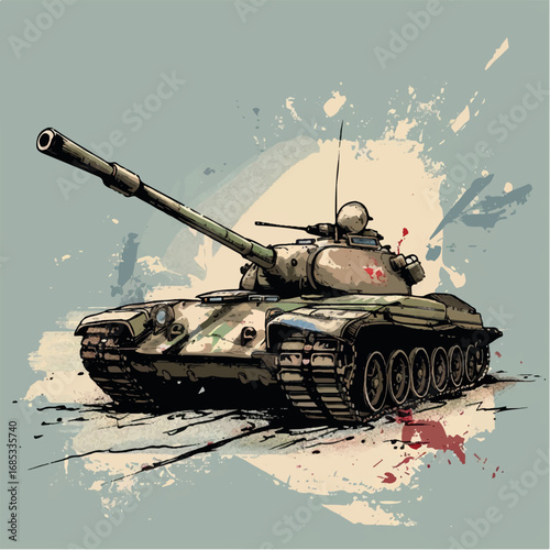 illustration, vector, tank, military, army, war, gun, vehicle, battle, weapon, armored, cannon, isolated, heavy, green, armed, armor, machine, turret, track, camouflage, old, power, forces, model, arm