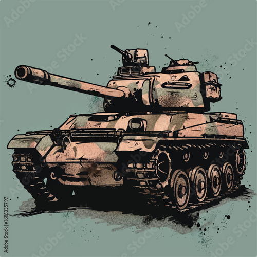 illustration, vector, tank, military, army, war, gun, vehicle, battle, weapon, armored, cannon, isolated, heavy, green, armed, armor, machine, turret, track, camouflage, old, power, forces, model, arm
