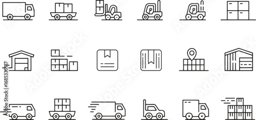 Set of transportation logistics delivery storage and warehouse icons