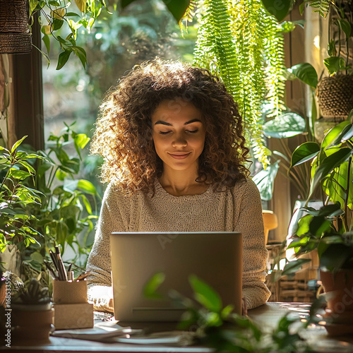Young Woman Working on Laptop Surrounded by Lush Green Plants in Sunlit Indoor Workspace