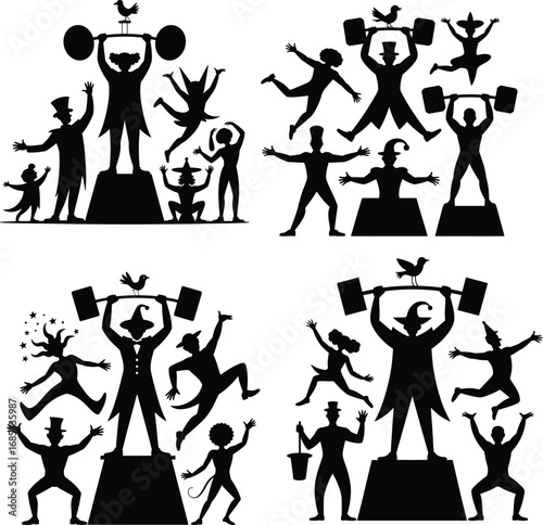 Circus performers lifting weights and juggling silhouette