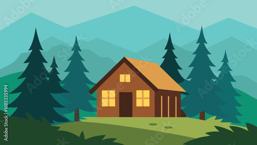 Eerie Old Abandoned Cabin in Woods Nature Vector Illustration Solitude Scene