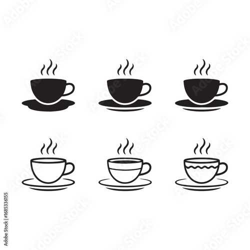 Collection of six hot steaming coffee cups and saucers icons for beverage and cafe themes vector