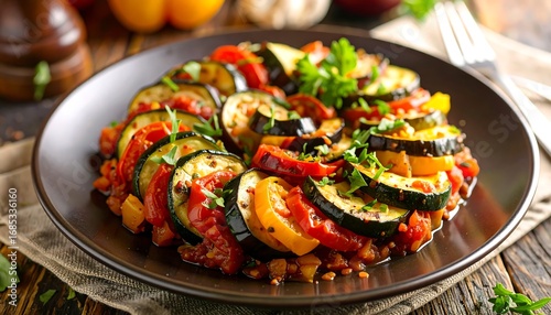 Roasted vegetables layered on a dark plate