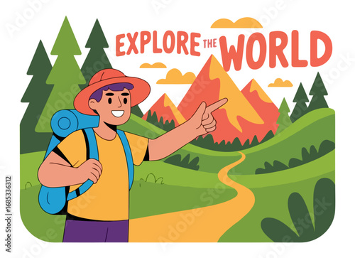 World Explore A Boy Traveling In Green Nature, Forest, Mountains etc. Vector Illustration