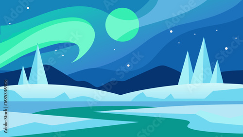 Vibrant Aurora Borealis Dancing Over Icy Landscape Nature Vector Illustration Art