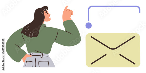 Woman with confident pose pointing at email envelope icon with upward notification alert. Ideal for communication, email marketing, notification alert, digital connection, information sharing, user