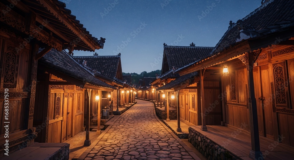 Fototapeta premium A winding village alley in Indonesia, stone-paved path glowing faintly from lanterns, wooden houses closely lined, starry sky visible above rooftops