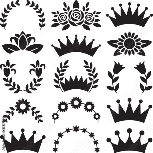 Decorative crowns floral wreaths and floral elements in black silhouette royal king